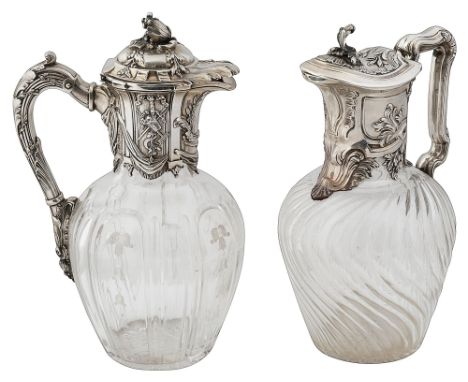 Two late Victorian silver mounted claret jugs both London, 1898 Francis Higgins II , acanthus and scroll embossed mount and h
