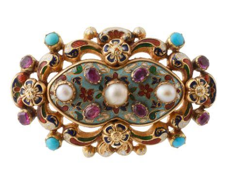 An early/mid 19th century yellow gold, enamel and gem-set broochof oval openwork scrolling design with floral and foliate pol