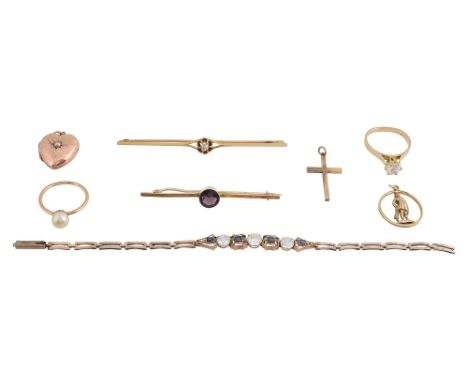 A group of jewellery 9ct gold and diamond set bar brooch, stamped '9ct'; 9ct gold crucifix, Birmingham hallmarks; 9ct gold he