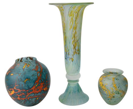 Peter Layton (b.1937) Three pieces of contemporary studio glass comprising a tall trumpet shaped vase, and two other vases, a