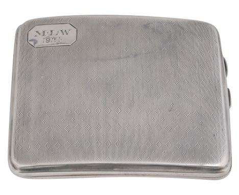 A George V silver cigarette caseBirmingham, 1923, Robert Pringle &amp; Sons, engine turned and of curved form, upper cartouch