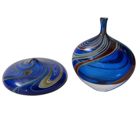 Peter Layton (b.1937) a contemporary studio glass Dropper vase and anotherboth with internal ochre whiplash lines over a deep