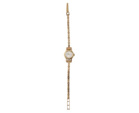 A lady's 9ct gold Longines wristwatch circular brushed steel dial with raised gilt hour batons signed Longines, manual wind 1