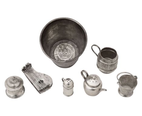 A late 18th century Danish silver beaker and various items of novelty miniature silverfirst unmarked, of tapering form, the b