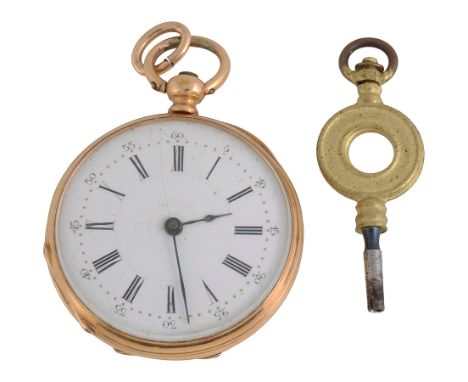 A lady's open faced fob watch gold inner dust cover, inside case No. 9925, inscribed 'Cylindre Huit Rubis', with French horse