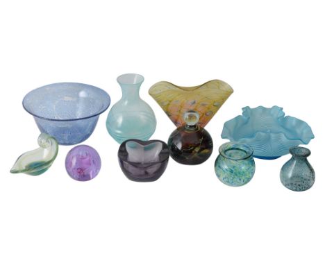 A collection of contemporary studio glasscomprising a freeform vase signed M Andrews and dated 1999, a mottled bowl and a sma