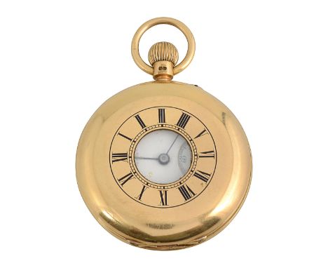 A late Victorian 18ct gold half hunter keyless pocket watch circular white enamel dial with black Roman numerals, minute trac