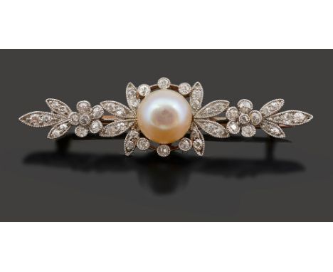 A cultured pearl and diamond-set broochthe central cultured pearl measuring 8mm in diameter to the floral and foliate surroun