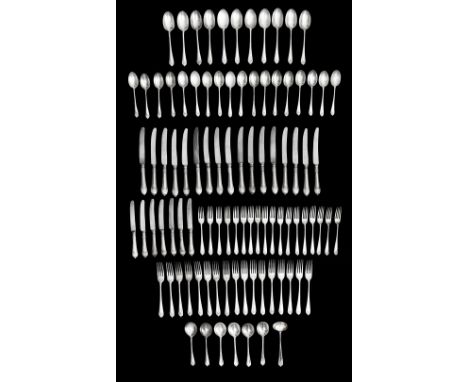 A Mappin &amp; Webb electroplated canteen of Queen Anne pattern flatwarecomprising eighteen table forks, eighteen dessert for