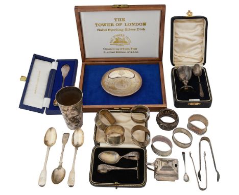 Assorts silver to include cased items various dates, makers marks comprising a German .800 silver beaker of tapering form eng