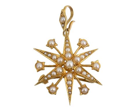 A Edwardian half pearl set star pendant/broochhaving integral suspension loop and brooch fastening, stamped '18ct'approx diam