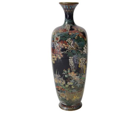 A Japanese Meiji Period cloisonne enamel vase in the manner of Hayashi Kodenji (1831-1915)of square tapering shouldered form,