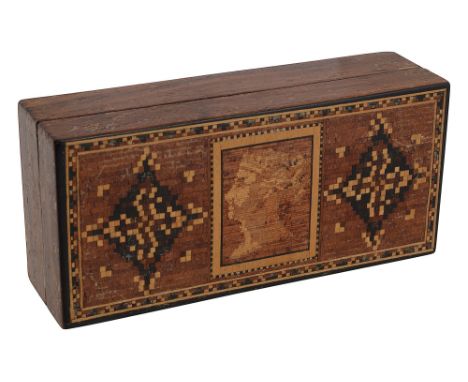 A 19th century Tunbridge Ware rosewood stamp boxrectangular, the pull off micromosaic cover depicting the young head of Queen