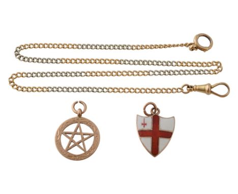 18ct gold bi-coloured curb-link chain stamped to tag '18' and stamped to clasp '18' together with a 9ct gold Masonic charm, s