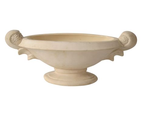 A Fulham Pottery vase designed by Charles West, model FWFunglazed. buff earthenware oval footed form with twin foliate scroll