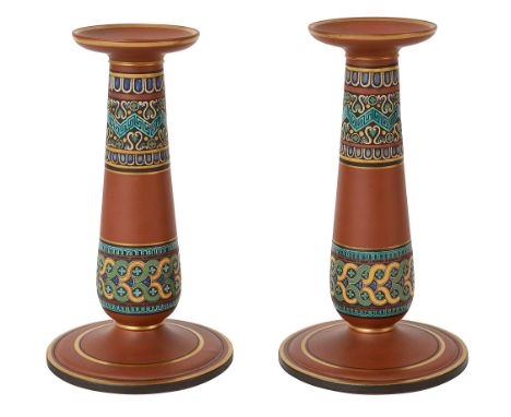 A pair of F &amp; R Pratt prattware terracotta candlesticks c.1860polychrome enamel decoration, gilt bands, (2)height 17.5cm.