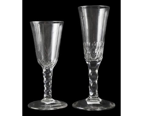 Two late 18th century facet stem ale glasses c.1780first with tall plain round funnel bowl with basal facets, the stem cut wi