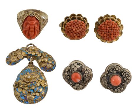 A collection of Chinese jewellery a Kingfisher feather pendant with applied floral and foliate design; a pair of coral cluste