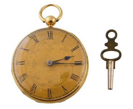 An early Victorian 18ct gold open faced pocket watch circular gilt engine turned dial with black Roman numerals, blued steel 