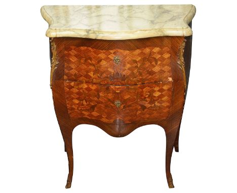 A Louis XV style kingwood and rosewood commode late 19th centuryof bombe form and with gilt metal mounts, the veined white ma