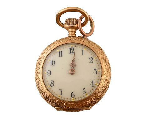 A lady's Swiss 14k open faced keyless fob watch circular cream enamel dial with black Arabic numerals and gold dot minute mar