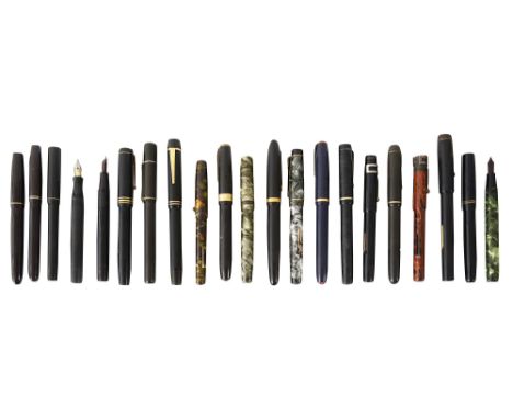 A collection of fountain pensto include De la Rue Onoto the Pen in black with De la Rue nib stamped 14k, together with Conway