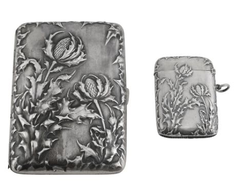 A German Art Nouveau .800 silver cigarette case and matching vesta casestamped 800, makers mark M &amp; pof rectangular cushi