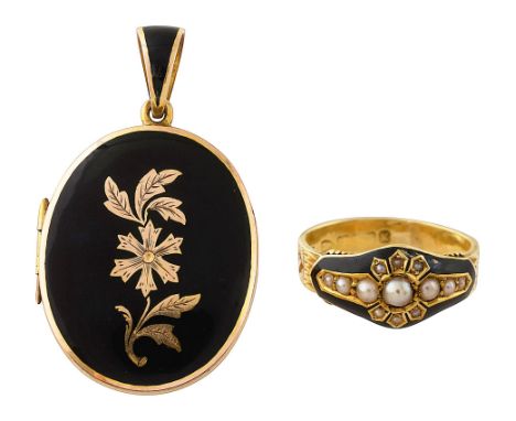 Two memorial black enamel items of jewellery: a late Victorian ring with half pearl decoration applied to the black enamel to