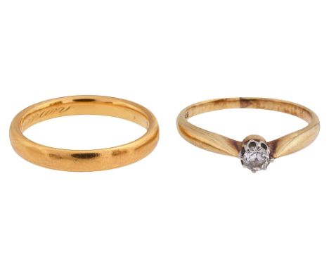 A single stone diamond ringmarked '385k', together with a 22ct gold ring, stamped '22' (2)sing stone ring size J, 22ct gold r