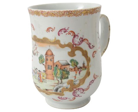 A mid 18th century Chinese export Meissen style  'European Subject' famille rose mug of bell shape with moulded loop handle s