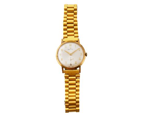 A 9ct gold 1960s Zenith manual wind bracelet wristwatchthe silvered dial with Arabic numerals and subsidiary seconds, 19 jewe
