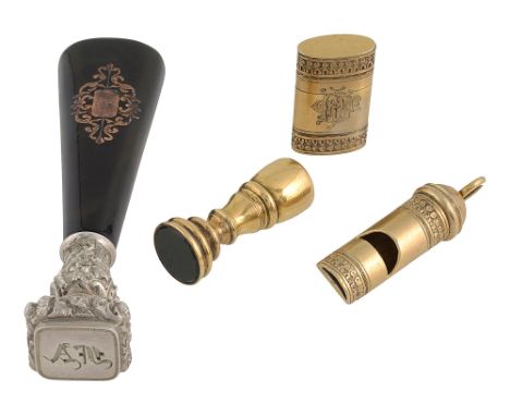 Two 19th century desk seals, a silver gilt dog whistle and matching casefirst gold, unmarked with circular vacant bloodstone 