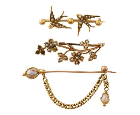 A group of pearl accessoriesa floral spray brooch, set with half pearls, indistinctly marked Ô9ctÕ; a half pearl bar brooch w