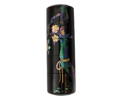 A Japanese Somada School black lacquer and shell inlaid four case inroEdo periodcylindrical from, inlaid with horse tethered 