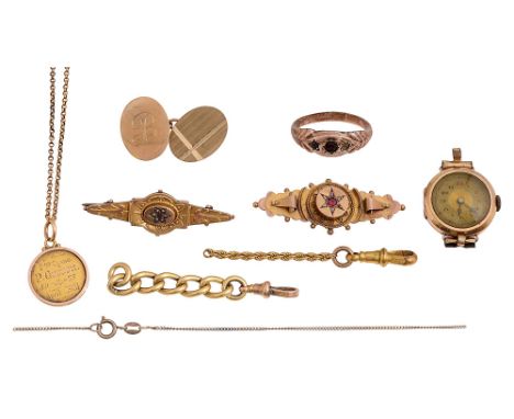 A selection of gold items9ct gold cased watch head, stamped '375'; 9ct gold and red paste bar brooch, stamped '9.375'; 9ct go