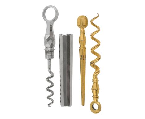 An early 19th century cut steel travelling sheath corkscrew and and gilt metal peg and worm corkscrew c.1800first with facete