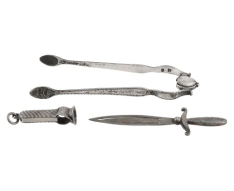 A pair of George III silver sprung feather edge sugar tongs and other itemsfirst lion passant and makers mark IB only, probab