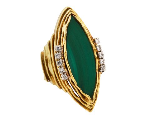 A mid 20th century malachite and diamond-set ring by George Weilthe central navette-shaped malachite plaque with five brillia