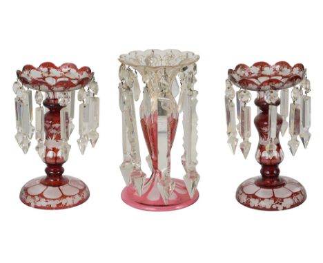 A pair of Bohemain flash-cut ruby table lustreslate 19th centurythe scalloped tops etched with trailing vine, the baluster st