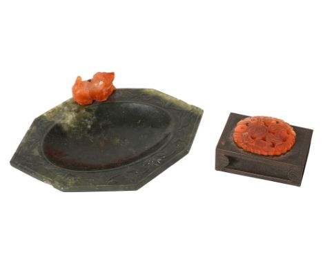 An American silver matchbox holder and a Chinese nephrite jade ashtrayfirst stamped Sterling Farmer, rectangular with engrave