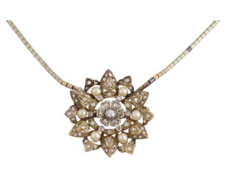 A diamond-set and cultured pearl  brooch/pendantthe flowerhead cluster with central rotating floral cluster,  set throughout 