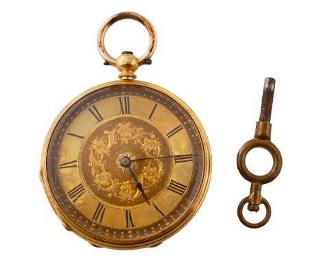 A lady's 18K gold open face pocket watchengine turned circular gilt dial with blued steel hands, and foliate engraved decorat