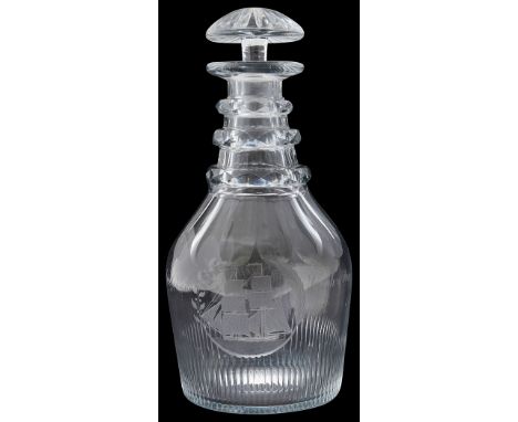 An early 19th century engraved decanter and stopperof Prussian shape with faceted triple ring neck slice cut shoulder and row