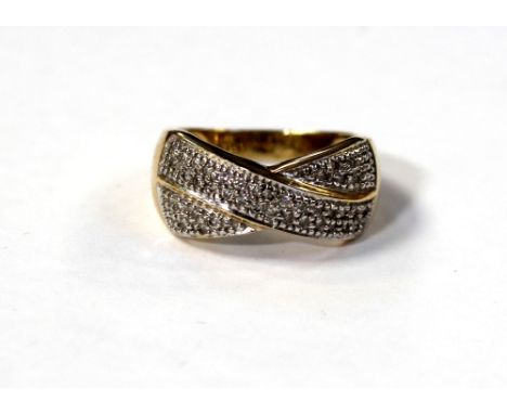 A 9ct yellow gold ladies' dress ring, pavé-set with tiny diamonds, size O, approx 5.7g.