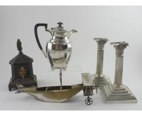 A pair of plated Classical column candle sticks on stepped square bases with bead rims, Walker &amp; Hall, a plated coffee po