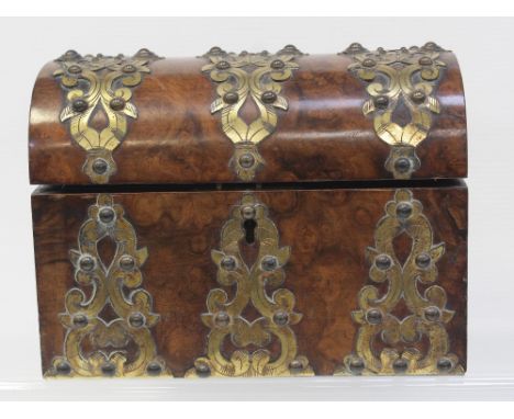 A 19th century burr walnut two-section tea caddy in the form of a treasure chest with brass decoration, 17 x 20cm. CONDITION 