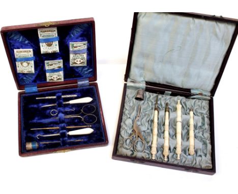 Two c1900 sewing cases, one blue velvet lined with a quantity of Redditch sewing needles and a quantity of manicure items wit