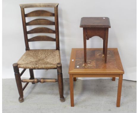 A 19th century ladder-back chair with rush seat (af), a vintage tile-top table and a small square oak table (3).