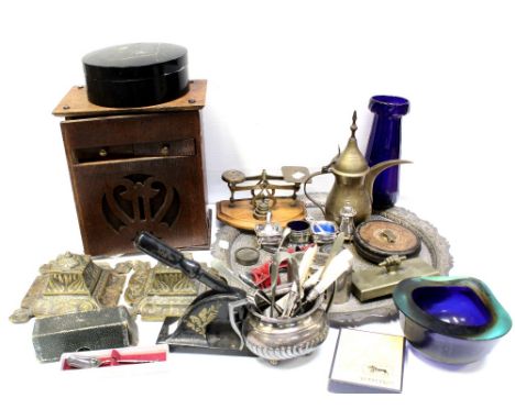 A white metal Indian decorative tray, a papier mâché Oriental box, a small set of early 20th century letter scales, various p