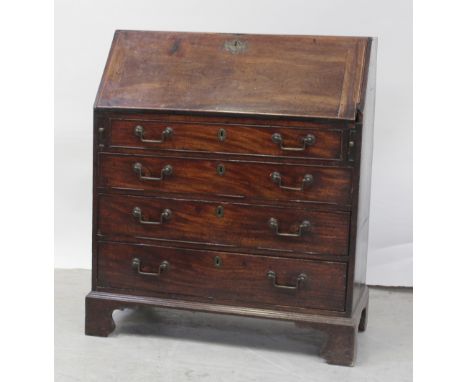 A George III mahogany bureau, the fall on manual lopers opens to reveal marquetry decorated fitted compartments over graduate